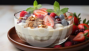 Homemade parfait Fresh berries, creamy yogurt, and crunchy granola generated by AI