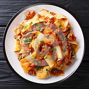 Homemade pasta with braised pork ragu close-up on a plate. top v