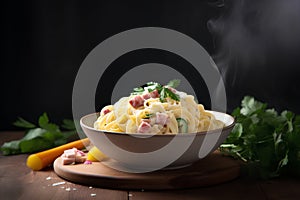 Homemade pasta with ham and creamy sauce in the bowl. Italian food