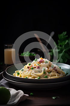 Homemade pasta with ham and peas on the plate. Italian food