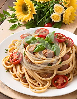 Homemade pasta with herbs, cherry tomatoes, cheese, food decorations and flowers