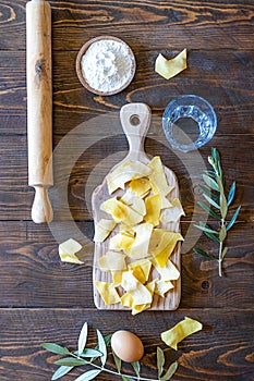 Homemade pasta Maltagliati on cutting board with ingredients on wooden background. Top view