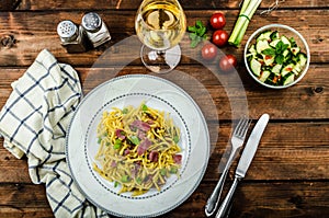 Homemade pasta with roasted Black Forest ham