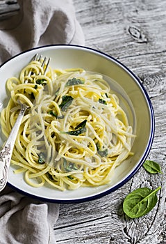 Homemade pasta with spinach and cream sauce on vintage enameled plate