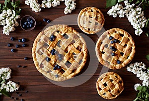 Homemade pastry apple pies bakery products on dark wooden kitchen table with raisins, cinnamon, blueberry and apples photo