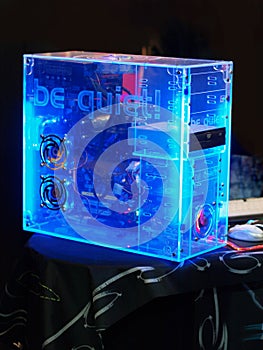Homemade pc tower made of transparent plastic. Idea of noiseless