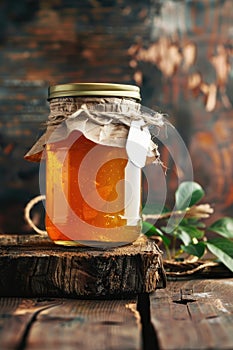 Homemade Peach Jam in Glass Jars with Fresh Peaches on Wooden Table