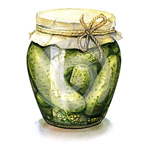 Homemade pickled, canned cucumbers in glass jar isolated, watercolor illustration