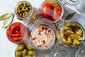 Homemade pickled and fermented vegetables in glass jars. Home preservation concept