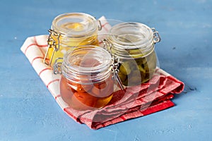 Homemade Pickled or Fermented Vegetables - Pickles, Pickled Tomatoes in Glass Jars