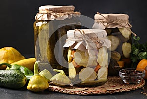Homemade pickled patissons, cucumbers and zucchini on dark background with fresh ingredients, Closeup. Horizontal format