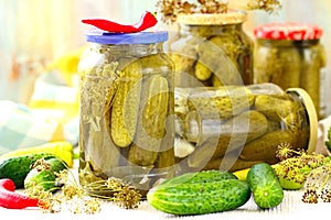 Homemade pickles in jar. Preserving pickled cucumbers.