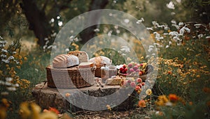 Homemade picnic meal on rustic wooden table generated by AI