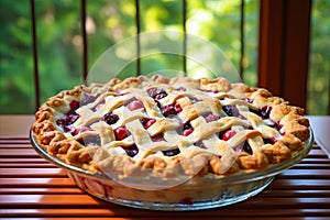 homemade pie with berries, just baked, stands on the windowsill for cooling, close up, background