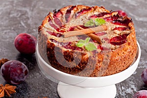 Homemade pie with plums on the table and fresh plums