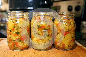 Homemade Pineapple Pepper Salsa Freshly Canned in Kitchen