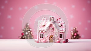 Homemade Pink Christmas Gingerbread House. Christmas house made from ginger cookies decorated in Christmas spirit with tree in