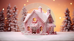 Homemade Pink Christmas Gingerbread House. Christmas house made from ginger cookies decorated in Christmas spirit with tree in