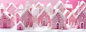 Homemade Pink Christmas Gingerbread House web banner, background. Christmas house made from ginger cookies decorated in Christmas