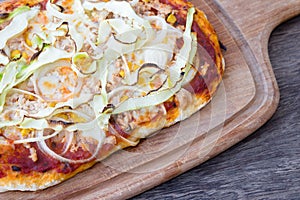 Homemade pizza detail on wooden background