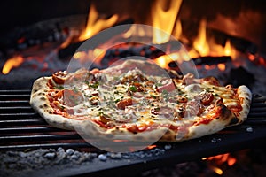 Homemade Pizza Grilling Over Open Flame