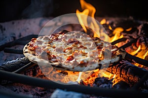 Homemade Pizza Grilling Over Open Flame