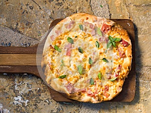 Homemade pizza with ham on an wood shovel