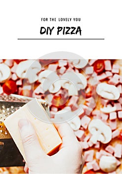 Homemade pizza step by step poster instruction.DIY pizza step 6.cooking, food and home concept - close up of female hands grating