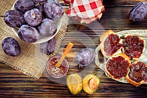 Homemade plum jam, breakfast