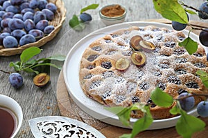 Homemade plum pie and cup of tea, powdered sugar dressing. New York Times recipe plum cake