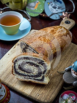 Homemade poppy seed roll and christmas ornaments