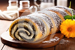 homemade poppy seed roll on a wooden table