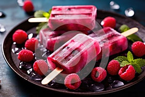 Homemade popsicles with fresh raspberries and mint leaves on a dark background. Selective focus, Homemade raspberry popsicles on