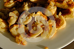 Homemade potato dumplings or vereniki pierogi, served with fried onions. Rustic style, comfort eastern europe cuisine