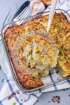 Homemade potato kugel is a dish of jewish cuisine