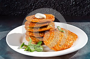 Homemade potato pancakes, latkes, draniki, hash browns served with sour cream and sunflower sprouts. Copy space