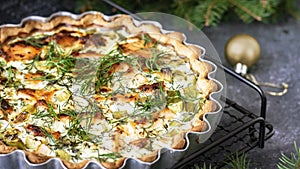 Homemade potato salmon tart with fresh dill