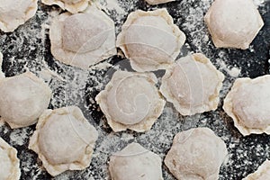 Homemade potstickers with flour laying on the black metallic surface.