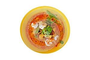 Homemade prawn in spicy soup, Tom Yum Goong, Thai delicious famous food, isolated on white included clipping path