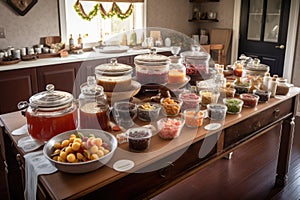 homemade preserves tasting table, with different types of preserves and accoutrements for guests to sample