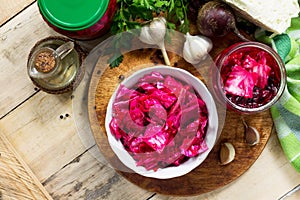 Homemade preserving. Fermented food. Salad Cabbage with Beetroot