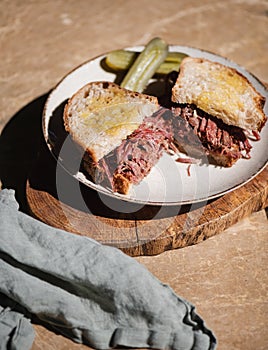 Homemade Pulled beef Reuben sandwich with sourdough bread