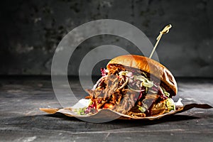 Homemade pulled pork burger with bbq sauce close up.