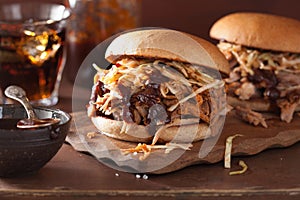 Homemade pulled pork burger with coleslaw and bbq sauce