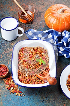 Homemade pumpkin granola with goji berries, coconut and pumpkin seeds