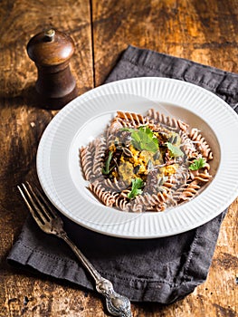 Homemade pumpkin pesto with whole grain spelt pasta