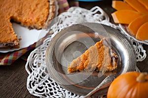 Homemade pumpkin pie with chocolate dough