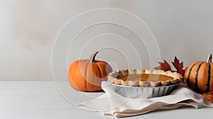 Homemade pumpkin pie on a white background with pumpkins and autumn leaves.