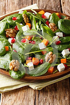 Homemade pumpkin salad, fresh spinach, feta cheese, walnuts and pomegranate seeds closeup on a plate. vertical