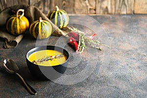 Homemade pumpkin soup with pumpkin seeds